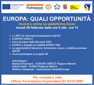 Incontro online “Europa: quali opportunità”  28 febbraio 2022,  ore 9.00-13.00 – Piattaforma Zoom