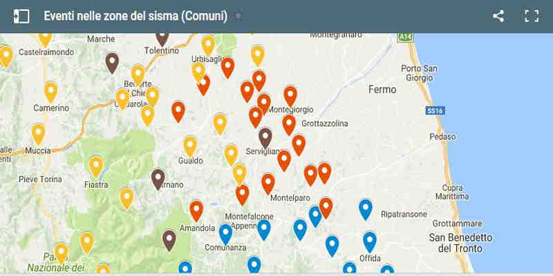 Mappa eventi nelle zone del sisma Comuni