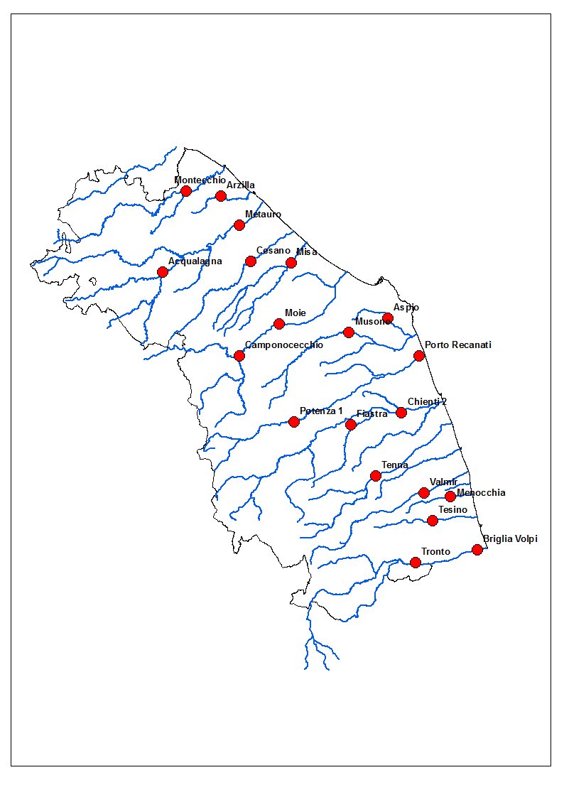 Mappa degli idrometri significativi utilizzati per il monitoraggio durante gli eventi meteo-idro dal Centro Funzionale della Protezione Civile della Regione Marche