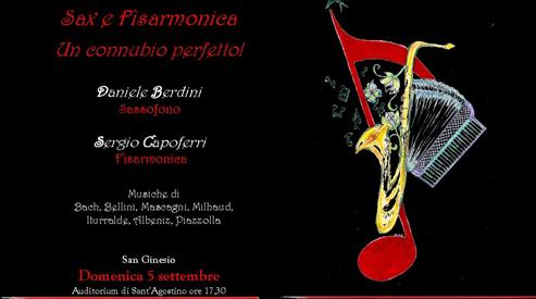 San Ginesio concerto all'Auditorium di Sant'Agostino domenica 5 settembre l'inedito duo sax/fisarmonica, “Progetto Scaramouche-Duo”