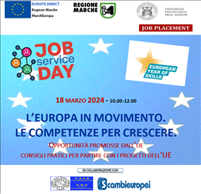 Workshop online  18 marzo  2024 “L’Europa in movimento. Le competenze per crescere. Opportunità promosse dall’UE e consigli pratici per partire con i progetti dell’UE” in occasione del Job Service Day 2024