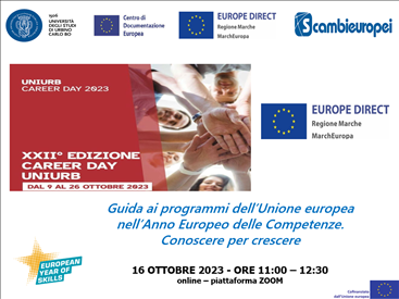 Career Day 2023 UNIURB  9-26 ottobre 2023. Il 16 ottobre segui il webinar online sui progetti UE e la mobilità all'estero con Europe Direct