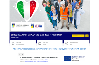 Il 24 novembre 2024, al via la Settima edizione di EURES ITALY for EMPLOYERS' DAY 2023 nell’ambito degli European Job Days