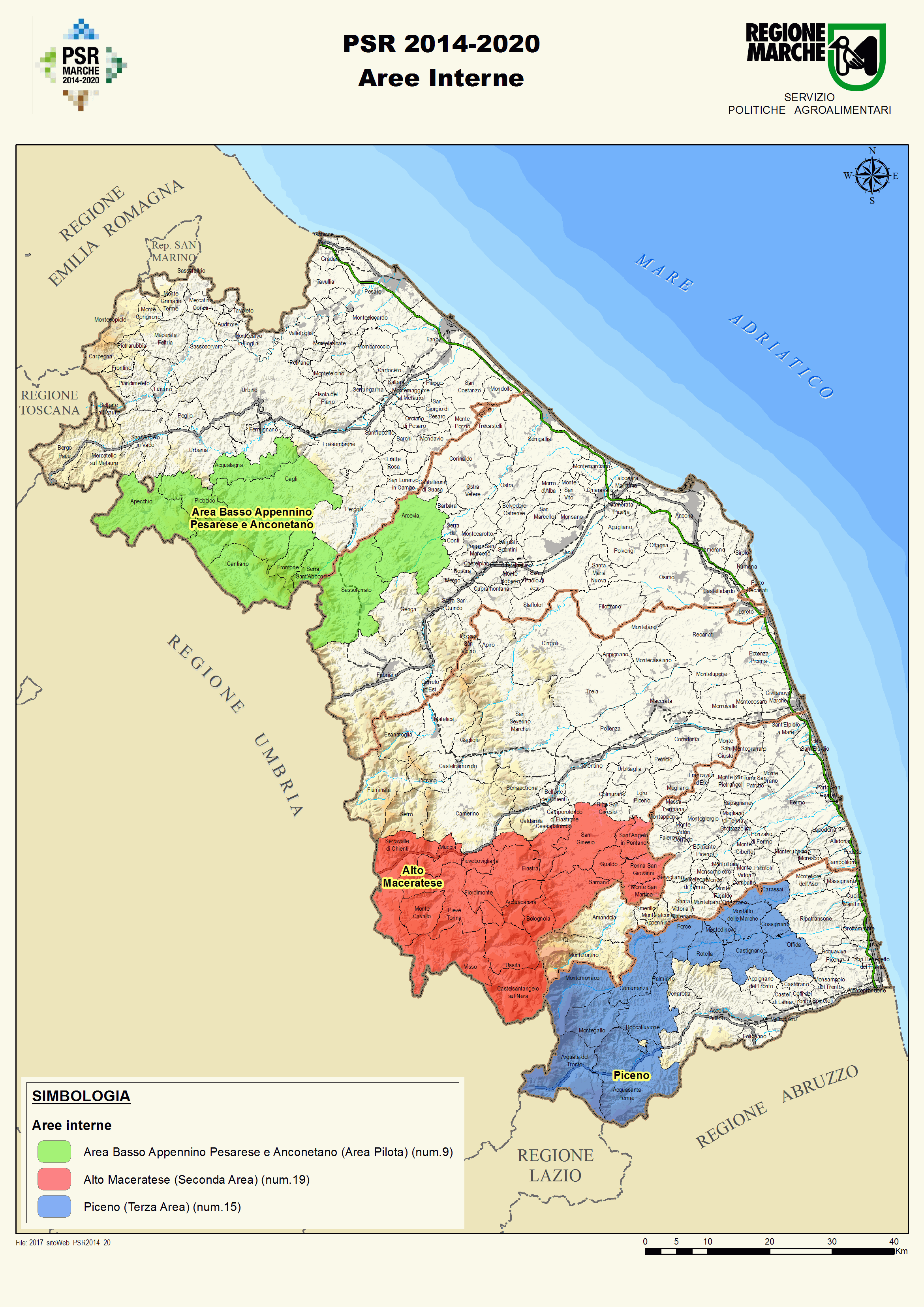 cartina delle aree interne della regione Marche