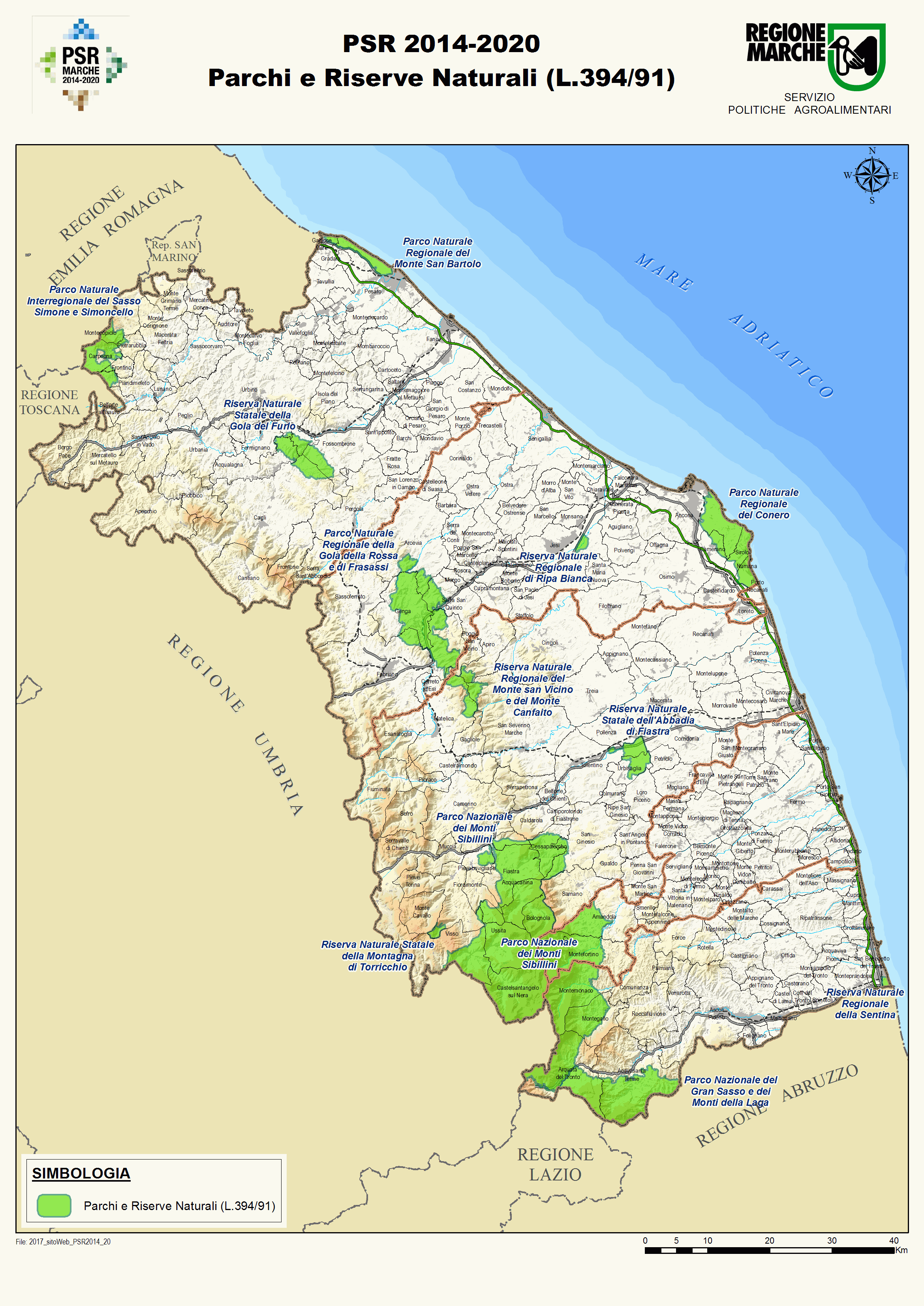 Cartina dei parchi e delle riserve naturali della regione Marche