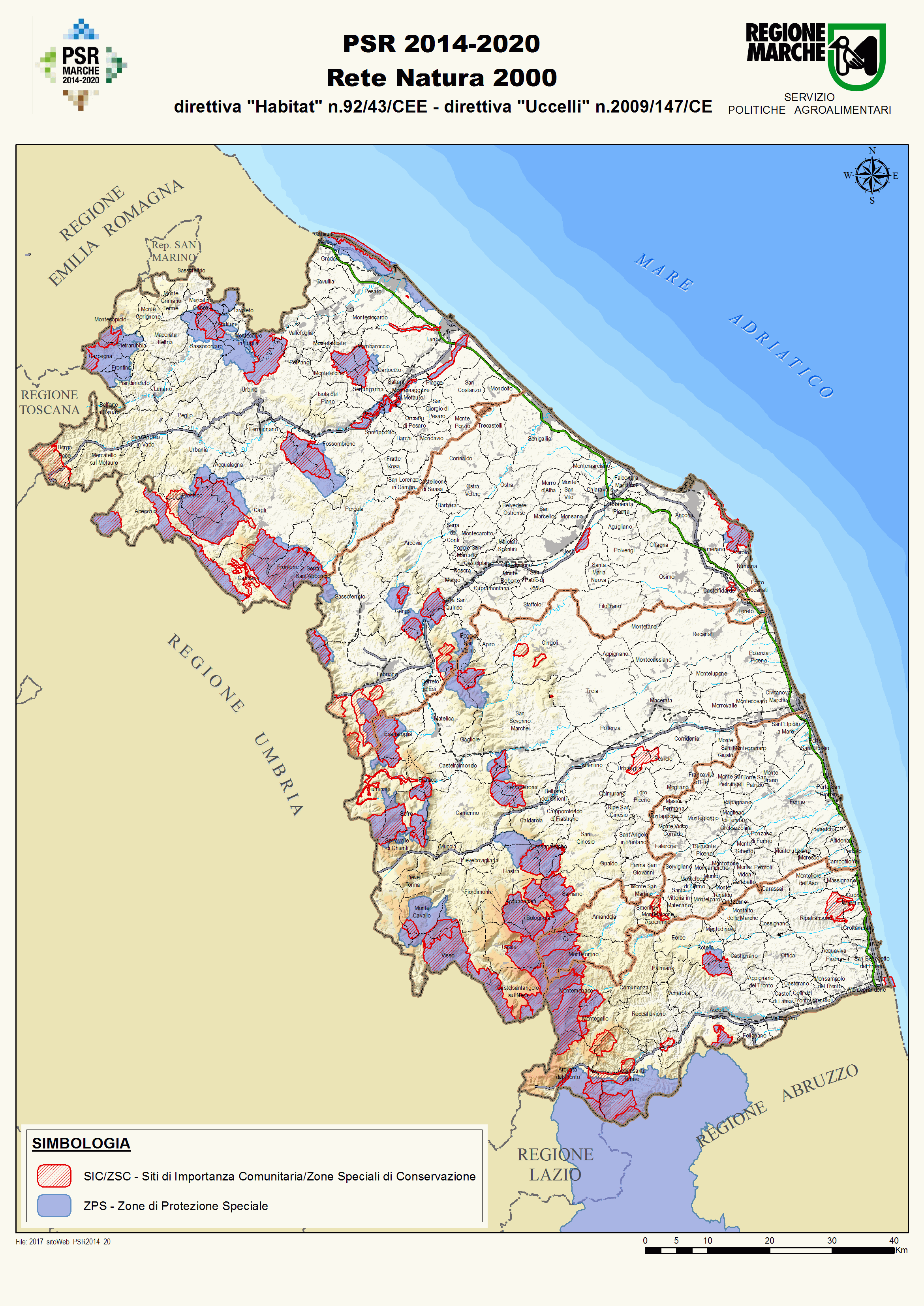 Cartina delle aree Natura 2000 della regione Marche