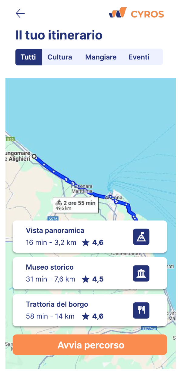 mock up visualizzazione itinerari app CYROS