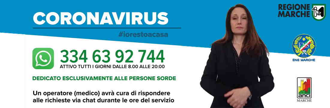 Informazione grafica: Numero verde per coronavirus dedicato esclusivamente alle persone sorde 3346392744 (whatsapp), attivo tutti i giorni dalle 8.00 alle 20.00 - un operatore medico avrà cura di rispondere alle richieste via chat durante le ore del servizio